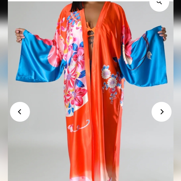 Vintage Floral Kimono in orange teal blue and pink One size fits most - Picture 14 of 16